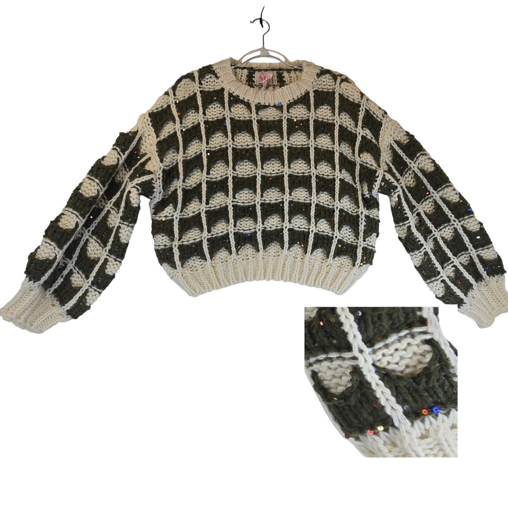Festive Sequin Sparkle Chunky Knit Sweater Women M Holiday Cropped Boho Neutral
